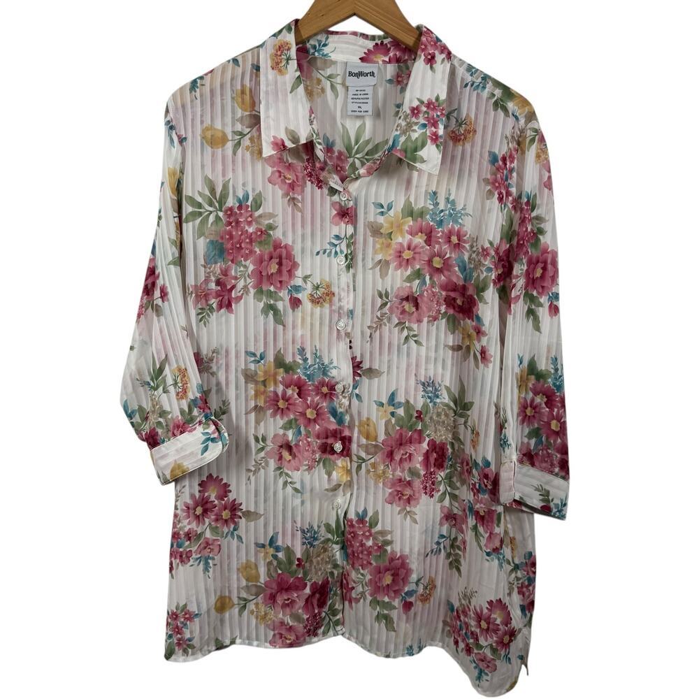 BonWorth Top Women XL Cream Pink Floral Button Down Sheer Pop Over Spring Blouse